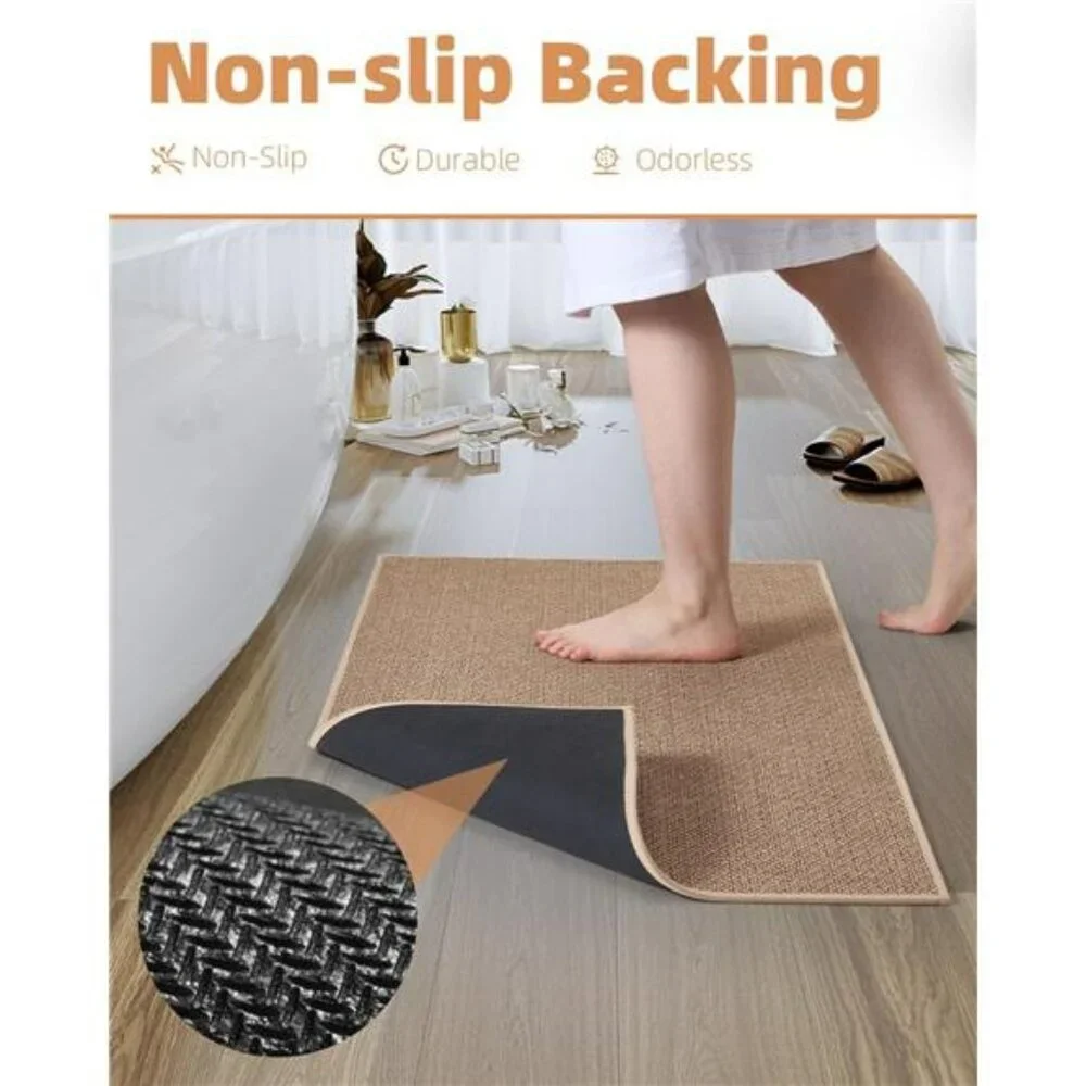 Beige non slip bath mat absorbent quick dry washable bathroom rug thin floor mat